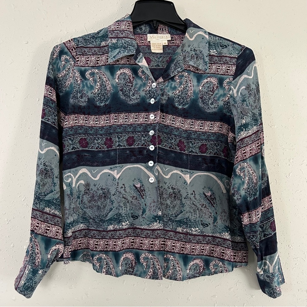 🦋 Victoria Soie 100% Silk Blue Purple Striped Blouse Medium Vintage Casual